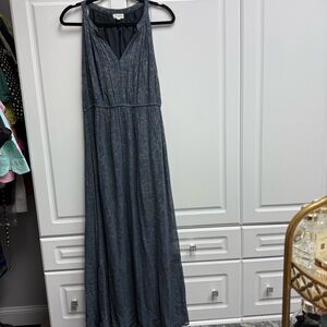 World Market Silk Charcoal Blue Gold Floral Maxi Dress